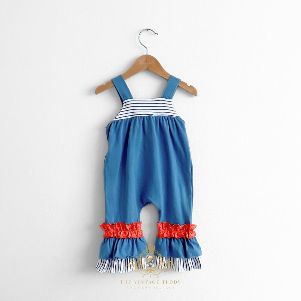 NWT Cute Girls Overalls Dungarees Romper Embroidered Turkey Orange & Blue 2T - Picture 2 of 4